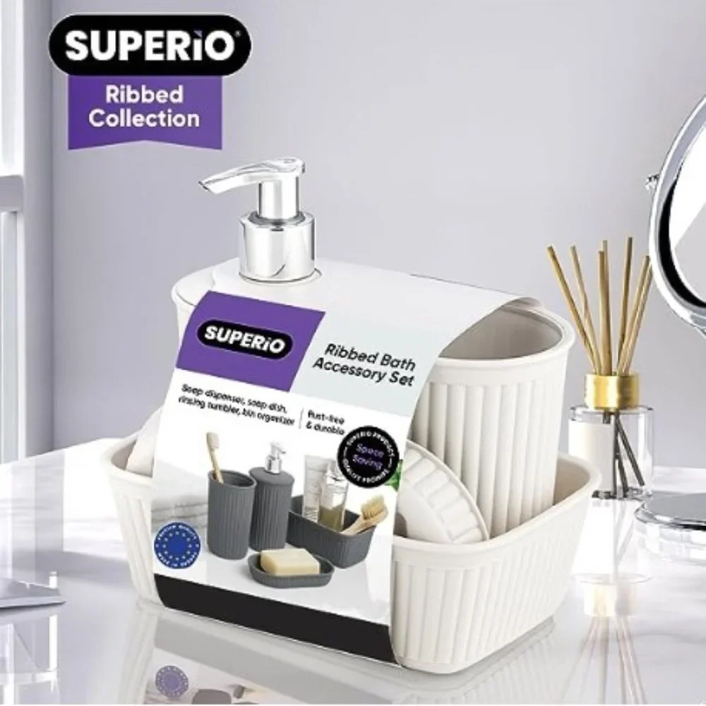 4 pc - Plastic Bathroom Accessory Set (White Smoke)
